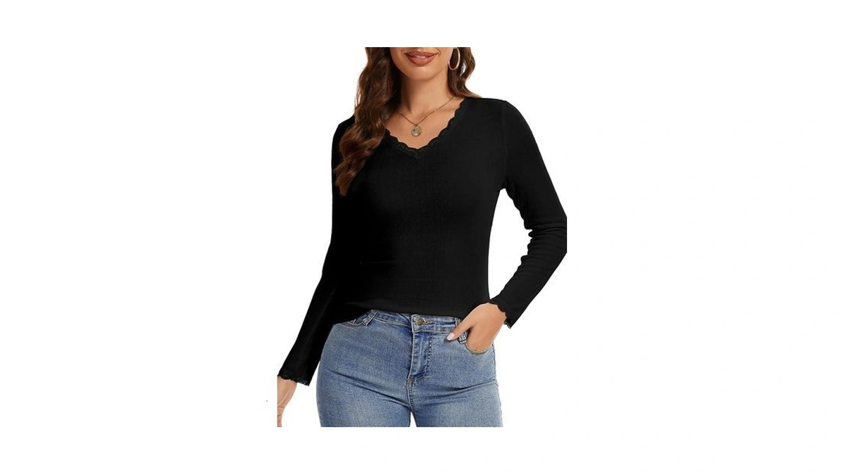 Luxebold Womens Long Sleeve Lace T-shirts V Neck Layering Basic
