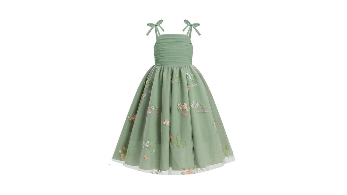 Eulimene Flower Girl Dress Floral Embroidery Tulle Dress Spaghetti Strap