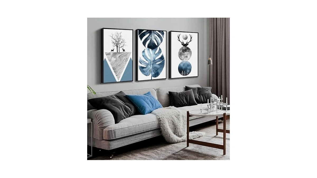 Boho Canvas Wall Art Set Of 3 With Black Frame,