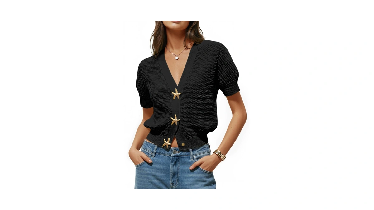 Saodimallsu Womens Puff Short Sleeve Cardigans V Neck Button Down