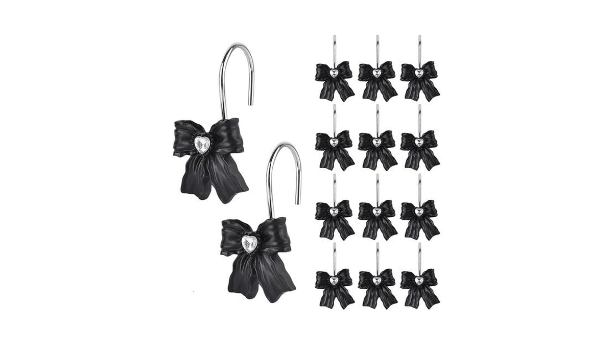 12pcs Shower Curtain Hooks Rings,black Bow Resin Curtain Hooks Shower