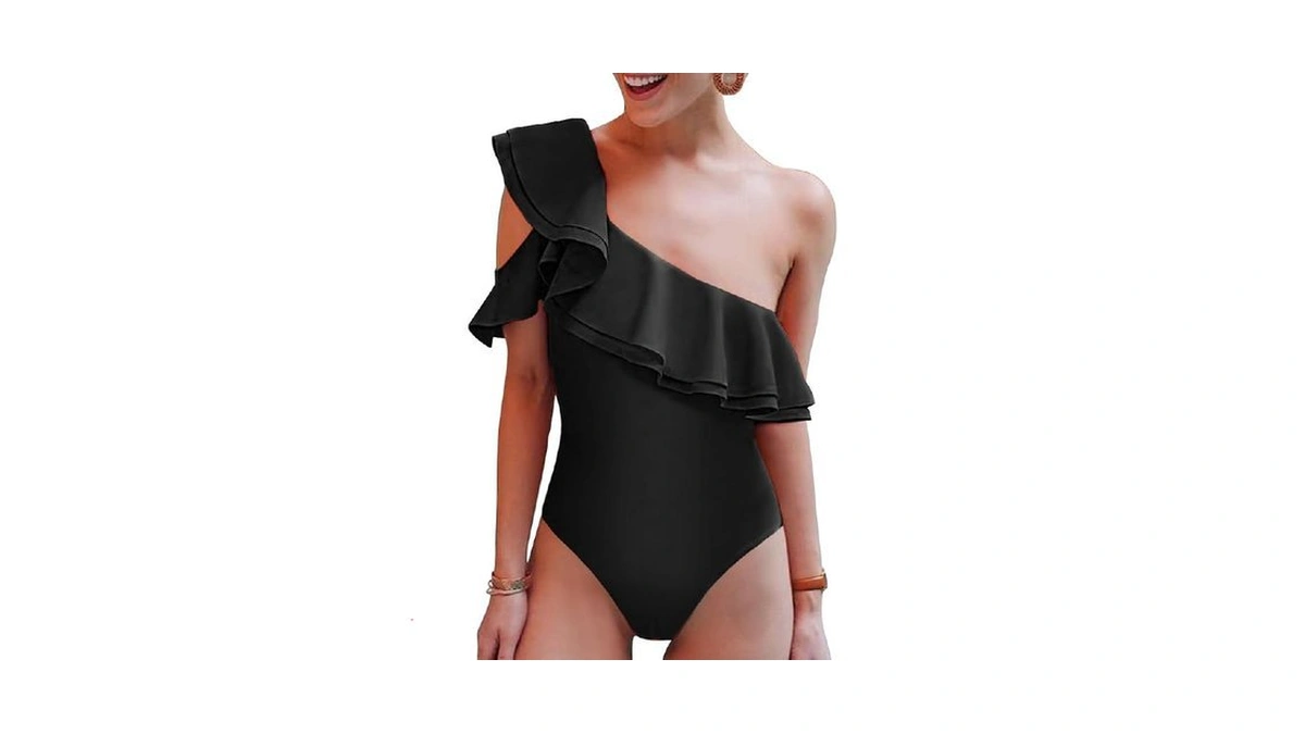 Hilor Women's One Piece Swimsuits One Shoulder Swimwear Asymmetric Ruffles