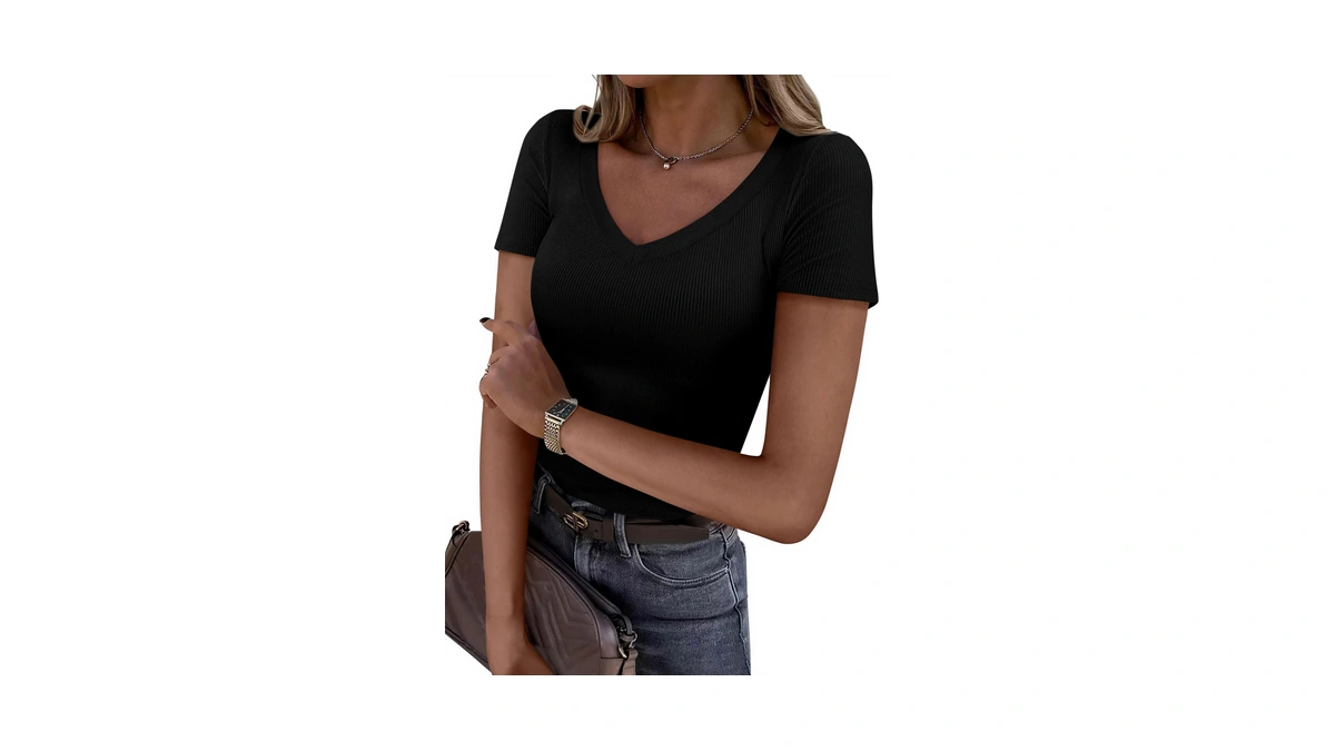Prettygarden Women 2026 Spring Tops Trendy Ribbed Short Sleeve V