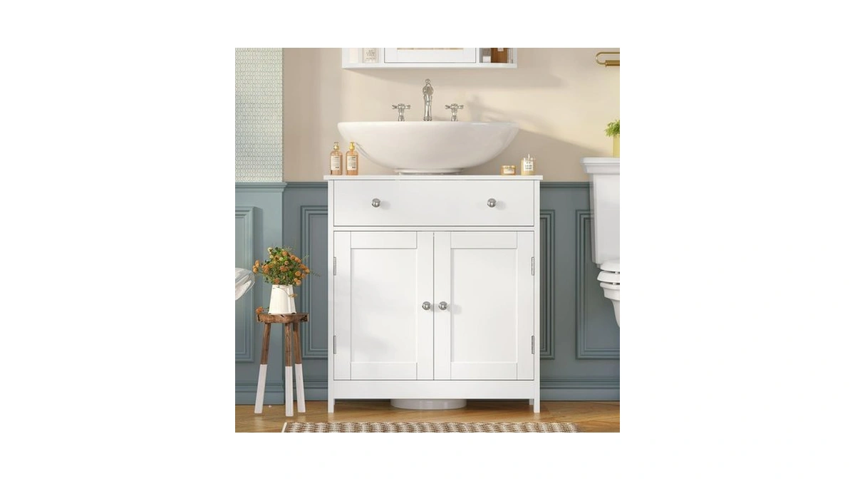 Teenfon Pedestal Sink Storage Cabinet With 2 Doors And Drawer,