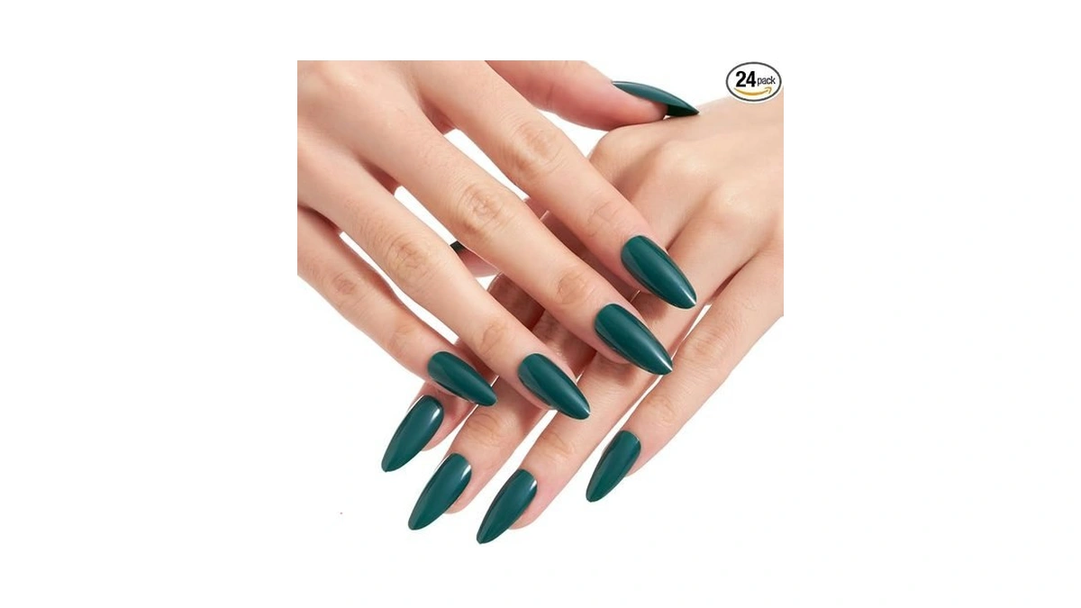 Glamermaid Dark Green Press On Nails Medium Almond, Deep Green