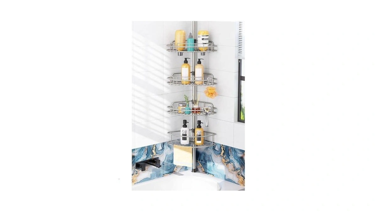 Hamitor Shower Caddy Tension Pole: 4-tier Rustproof Bathroom Corner Shelf