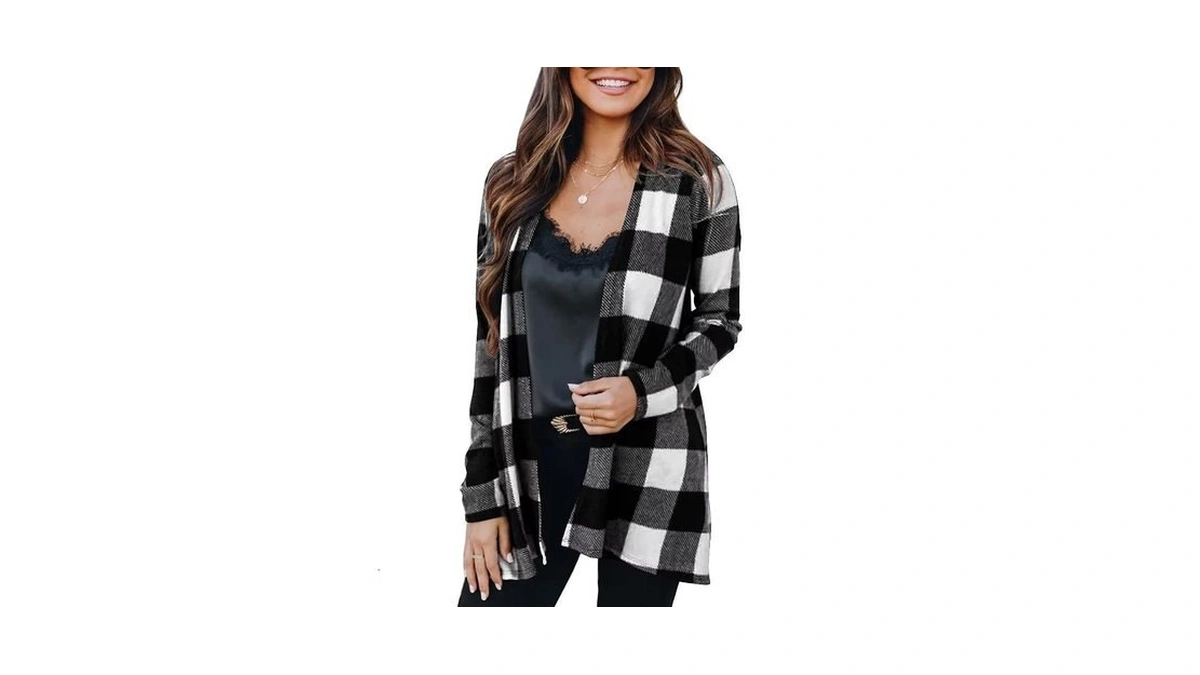 Lacozy Women's Open Front Long Cardigan Draped Snap Buffalo Plaid