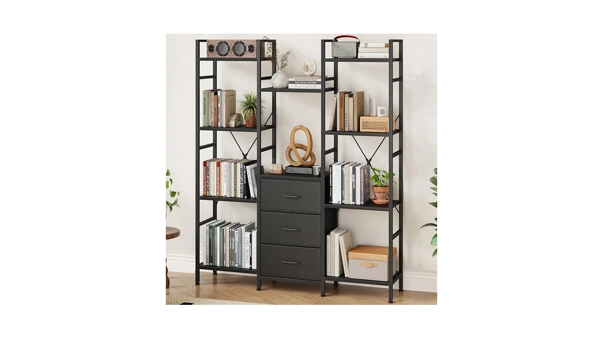Aflui Triple Bookshelf With 3 Fabric Drawers, 4-tier Book Shelf