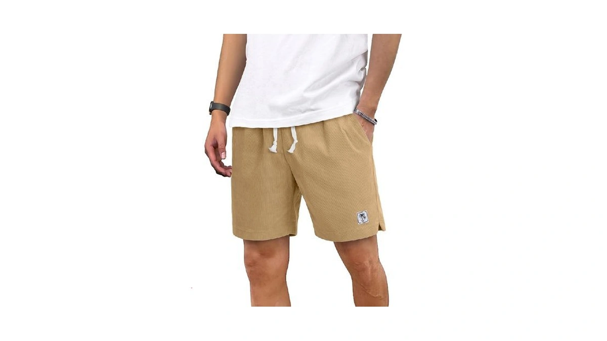 Plepan Mens Khaki Corduroy Shorts 7'' Lightweight Elastic Waist Drawstring