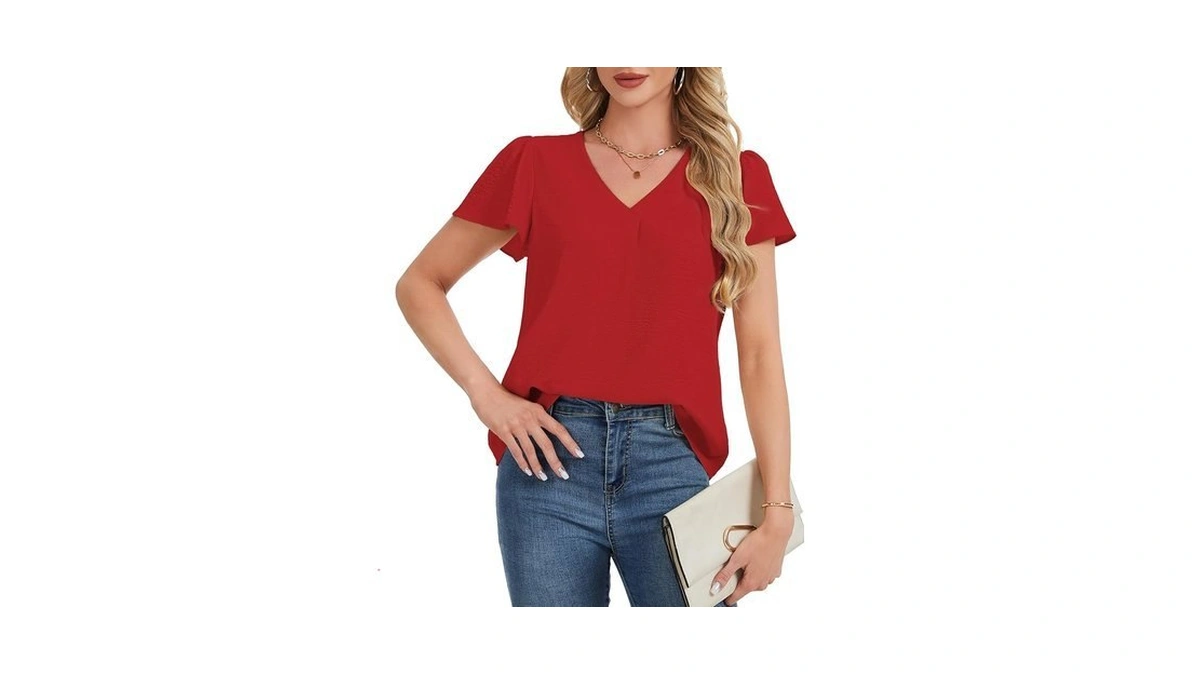 Luxebold Womens Dressy Casual Tops V Neck Ruffle Short Sleeve