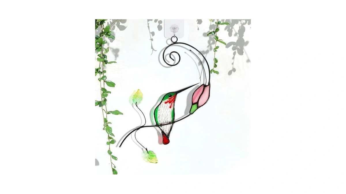 Yurnzide Handmade Stained Glass Hummingbird Suncatcher, Window Hanging Ornament With