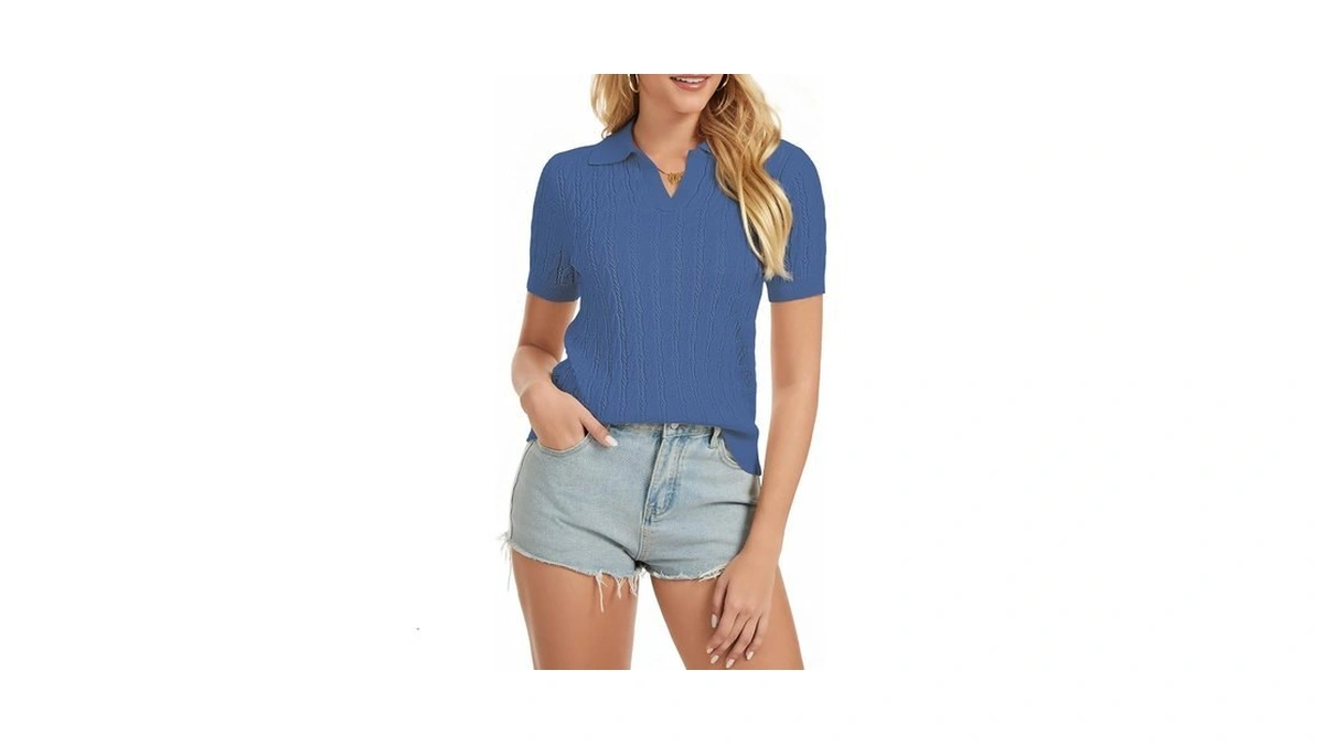 Womens Short Sleeve Sweaters V Neck Sweater Tops Cable Knit