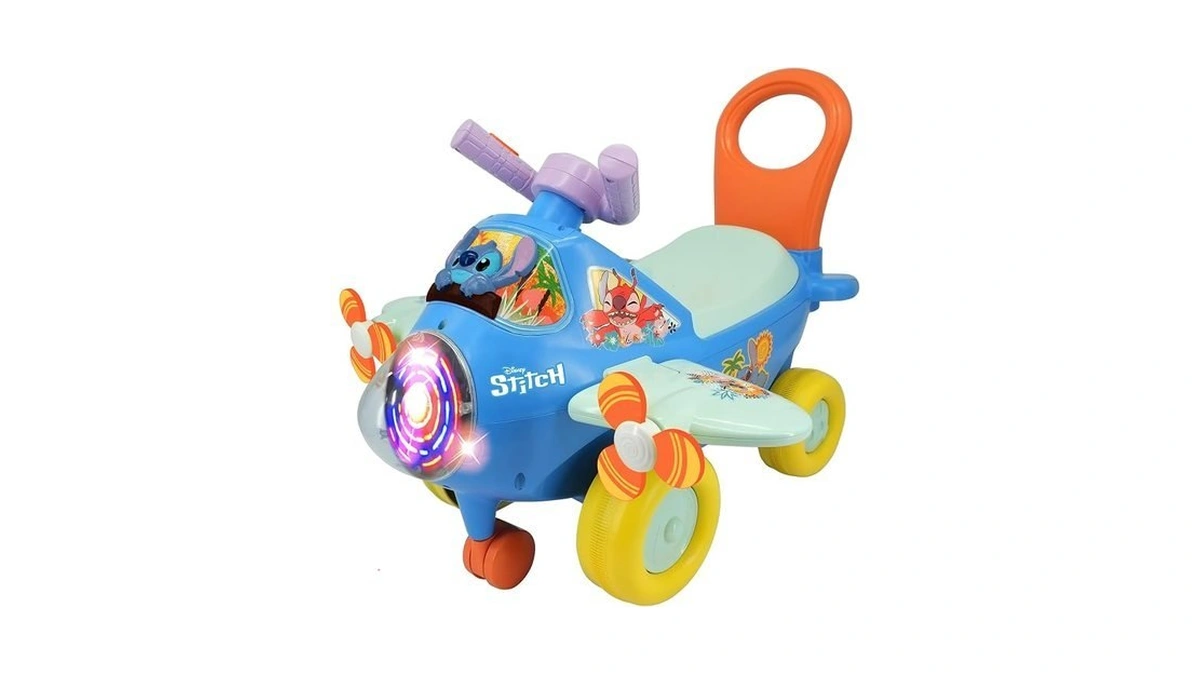 Kiddieland Disney Stitch Lights & Sounds Activity Plane Ride-on, Foot-to-floor