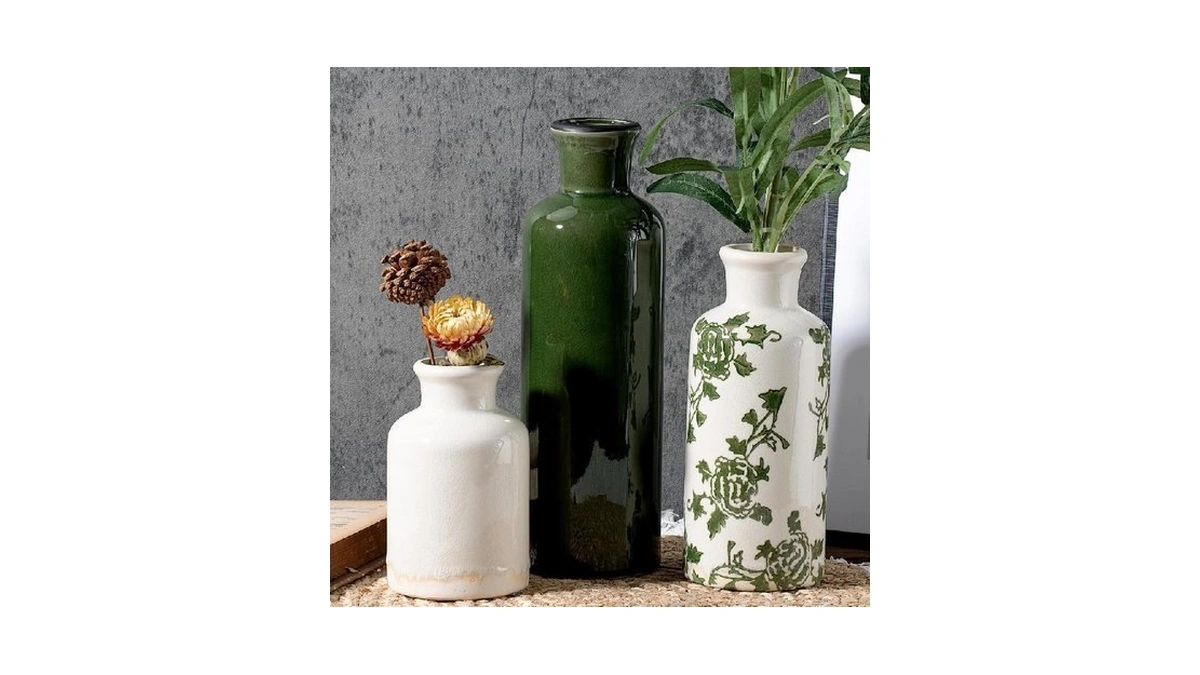 Lifestylo Ceramic Vintage Vase Set Of 3, Green And White