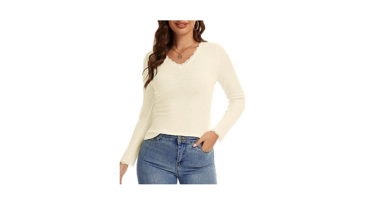 Luxebold Womens Long Sleeve Lace T-shirts V Neck Layering Basic