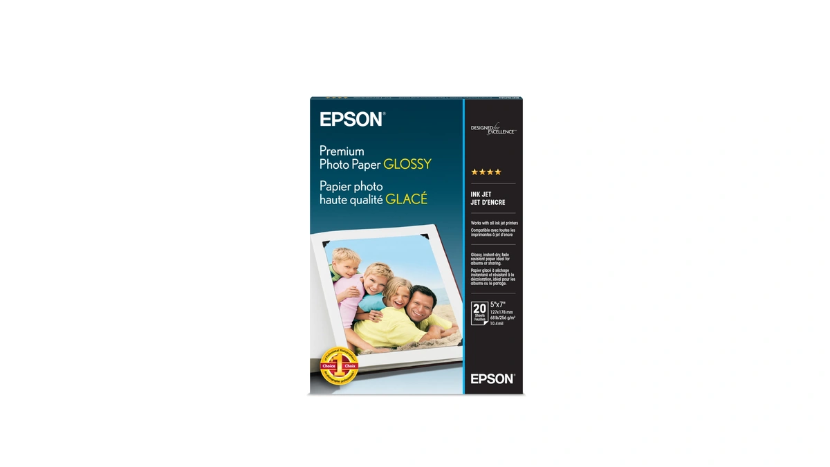 Epson Premium Photo Paper Glossy, 20 Sheets, 5x7 Borderless, (s041464)