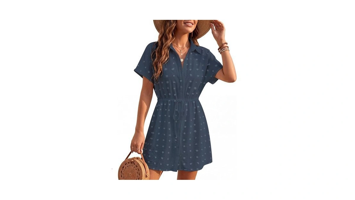 Women's Swiss Dot Short Sleeve Button Down Drawstring Cover Up