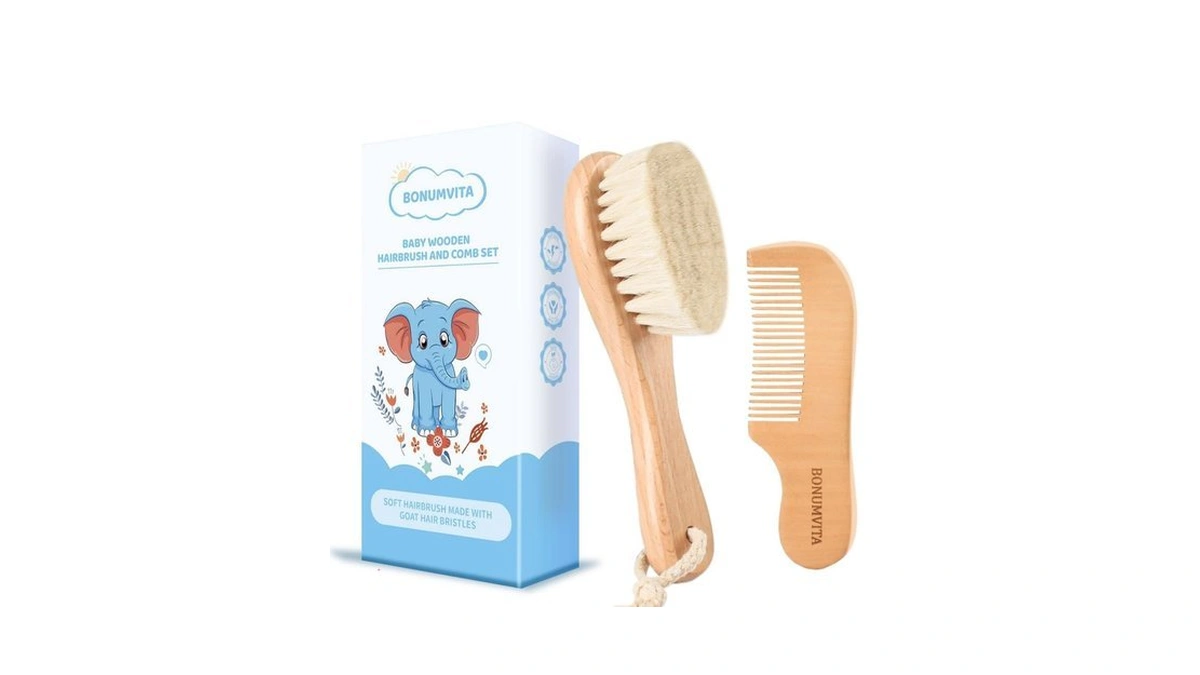 Bonumvita Baby Hair Brush And Comb Set, Wooden Baby Hair