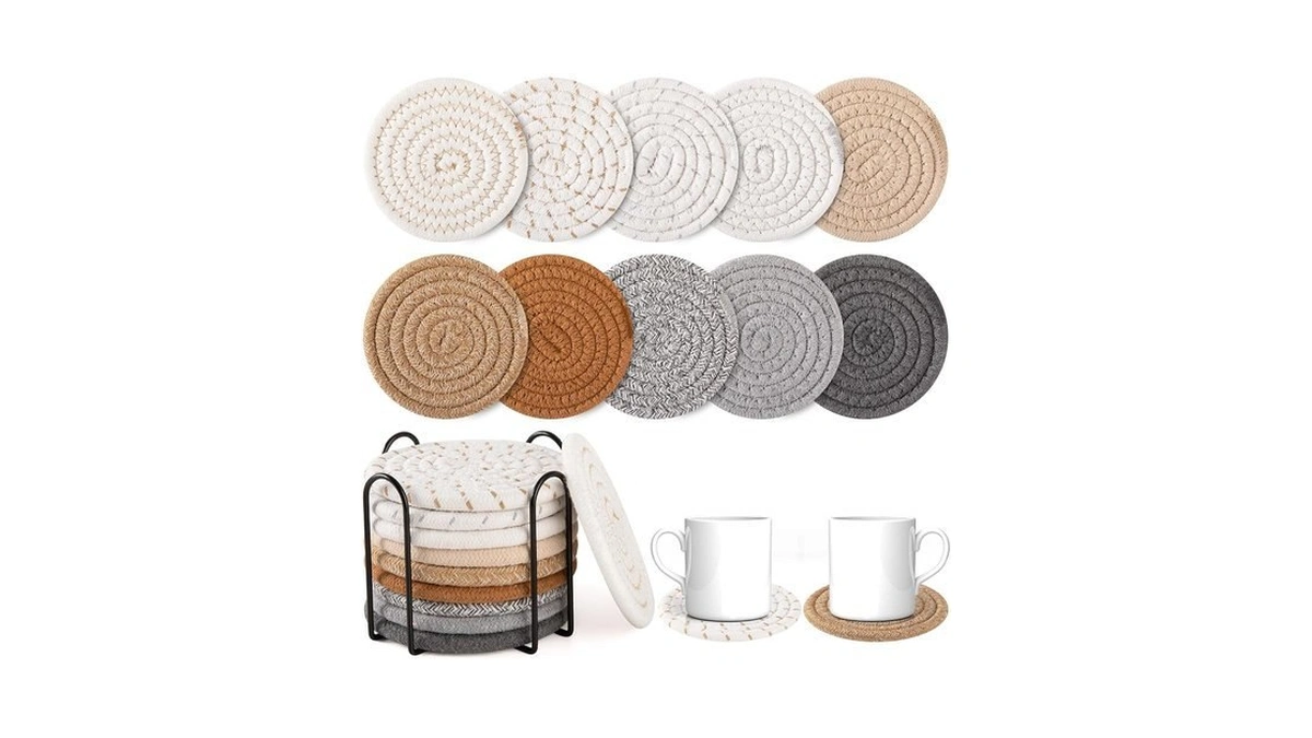 Oiahomy 10 Pcs Drink Coasters With Holder, Boho Cotton Woven