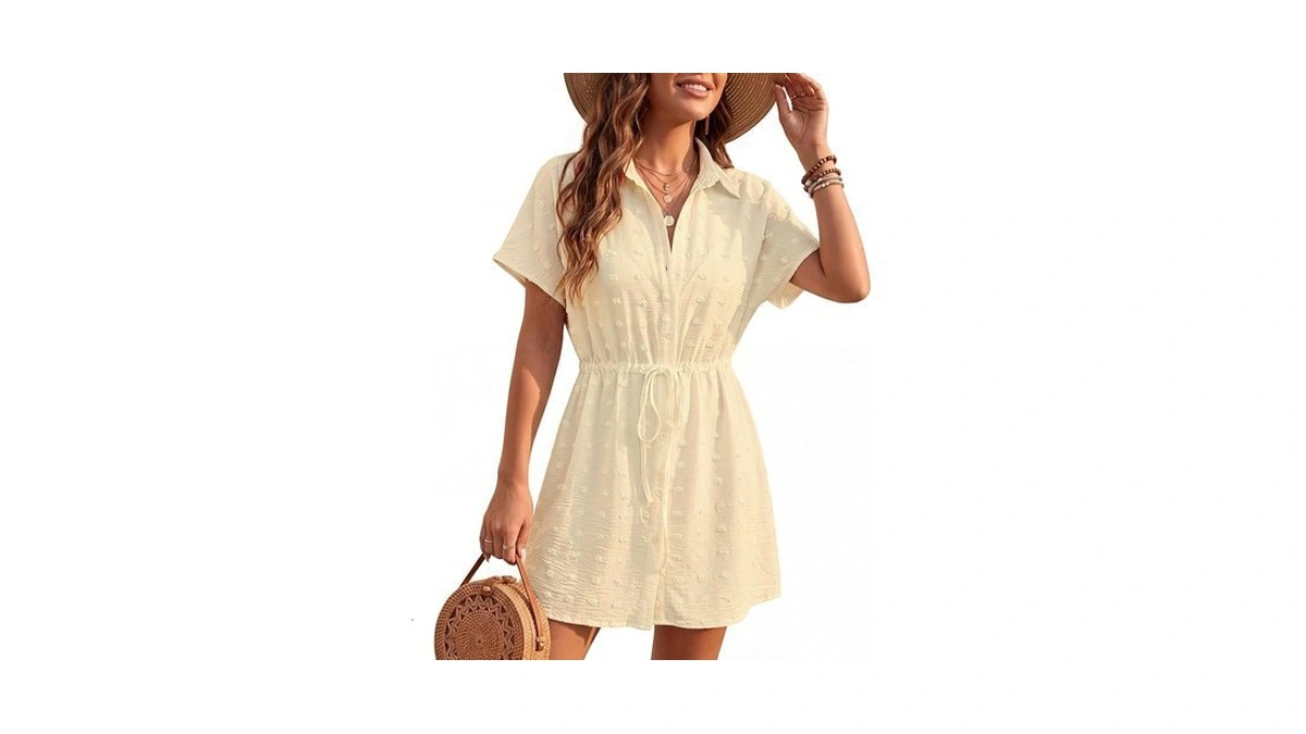 Women's Swiss Dot Short Sleeve Button Down Drawstring Cover Up