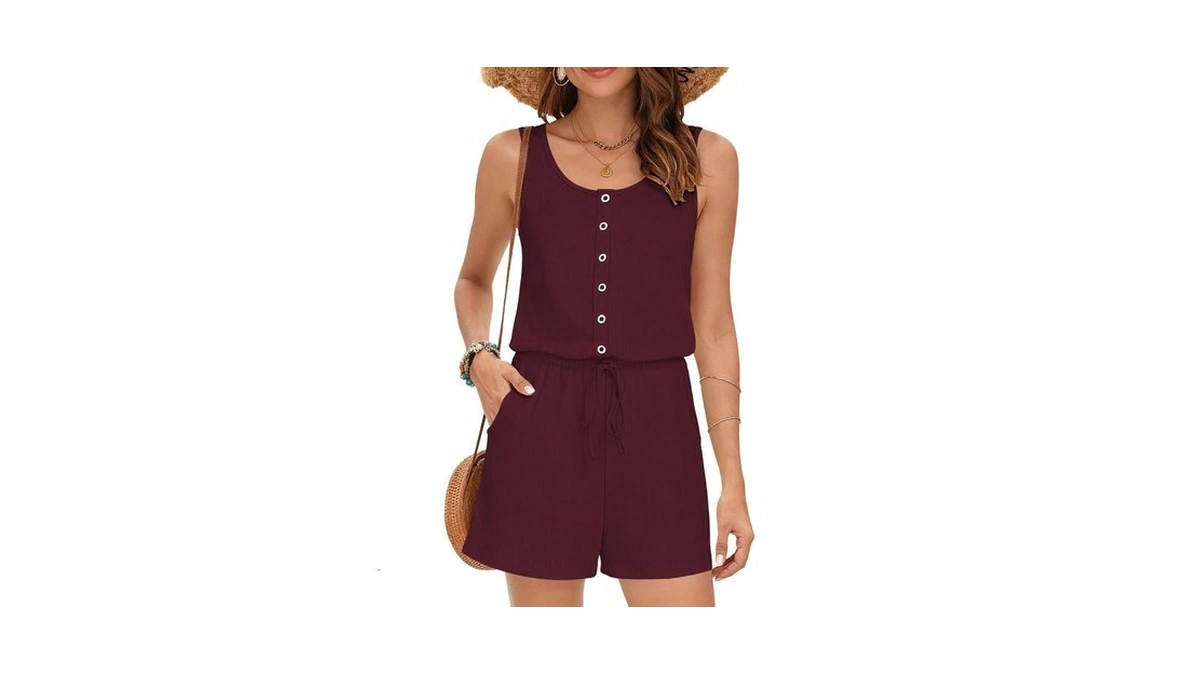 Misfay Women Sleeveless Romper Button Scoop Neck Jumpsuit Pocket Bg