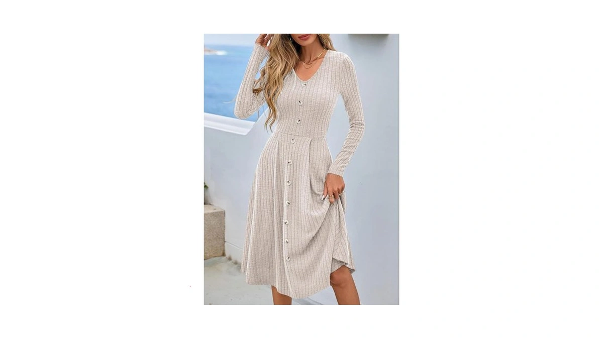 Lazysmile Long Sleeve Fall Winter Dresses For Women V Neck