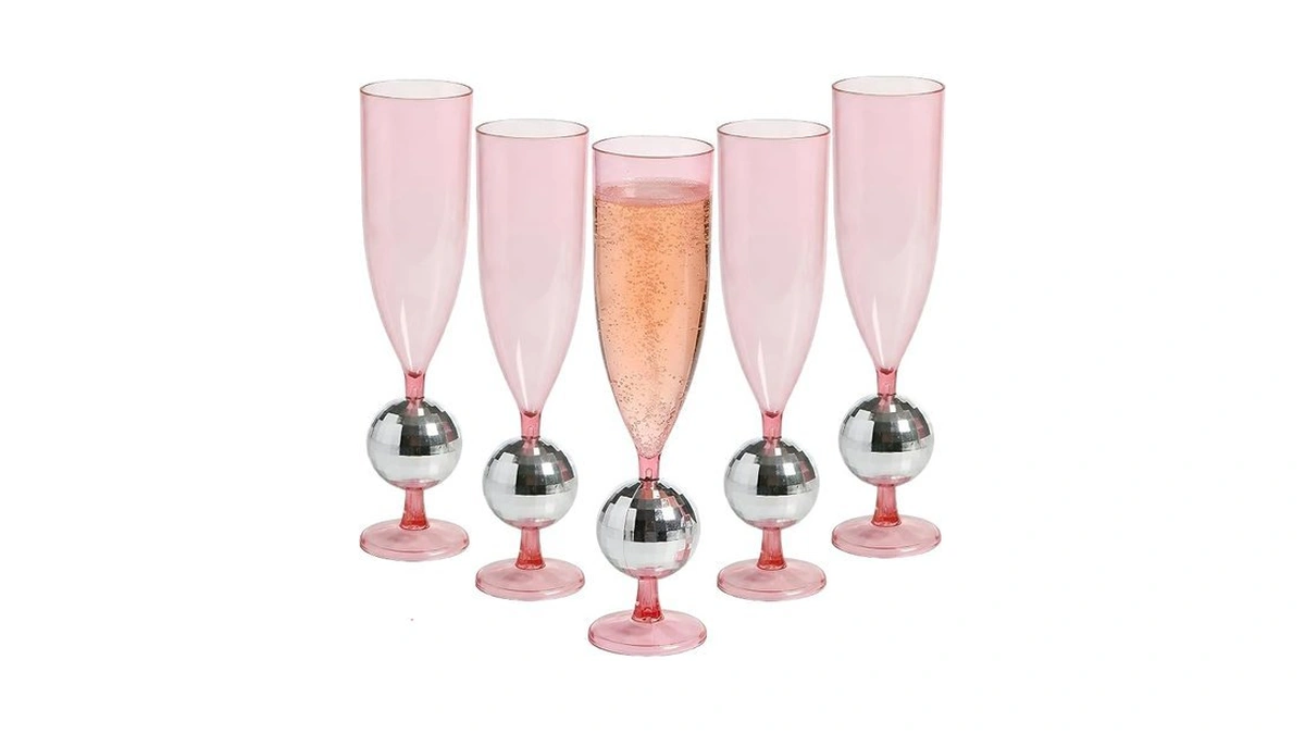 9" 6 Oz. Silver Disco Ball Stem Pink Plastic Champagne