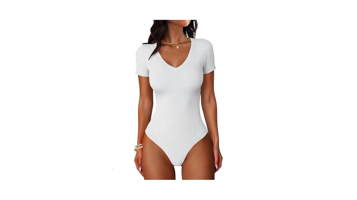 Anrabess Bodysuits For Women V Neck Short Sleeve Body Suit