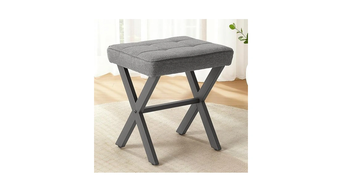 Sweetcrispy Vanity Stool Ottoman, Square Linen Makeup Stool Metal X