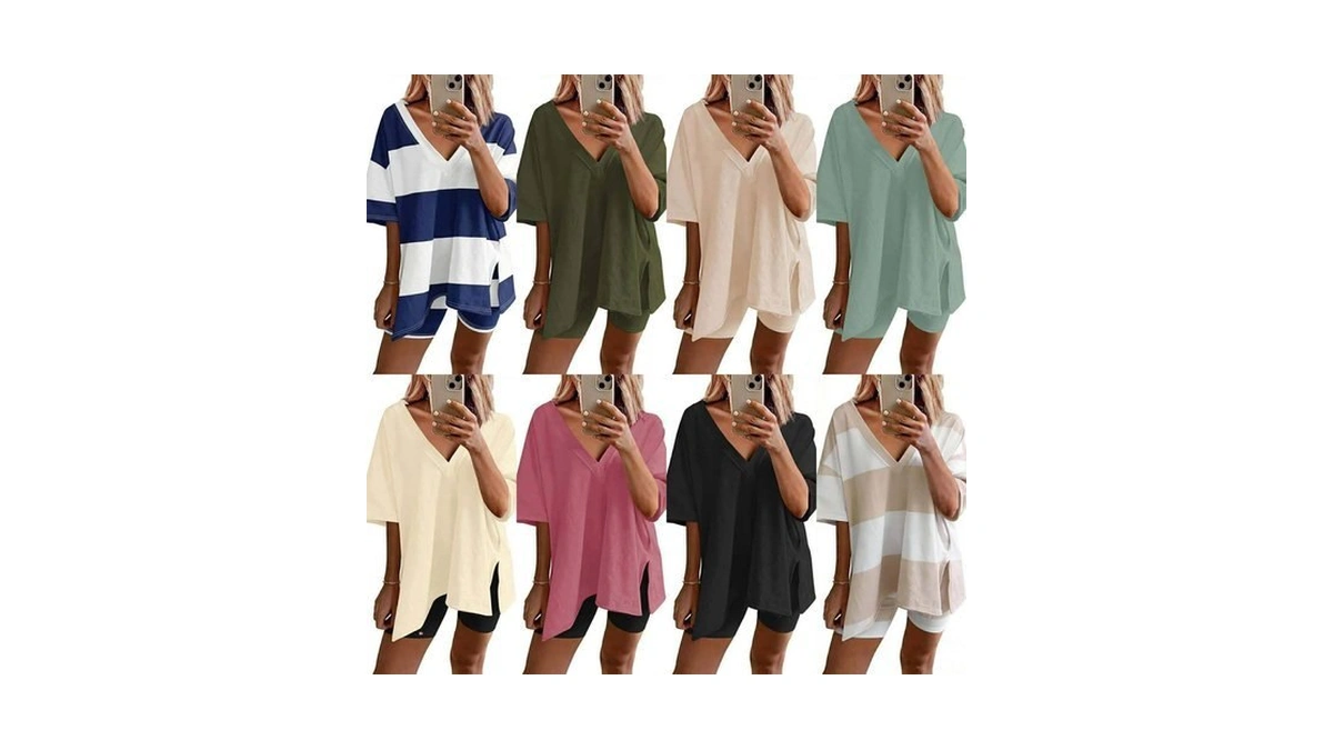 Ekouaer Womens Pajamas 2 Piece Lounge Sets Oversized V Neck