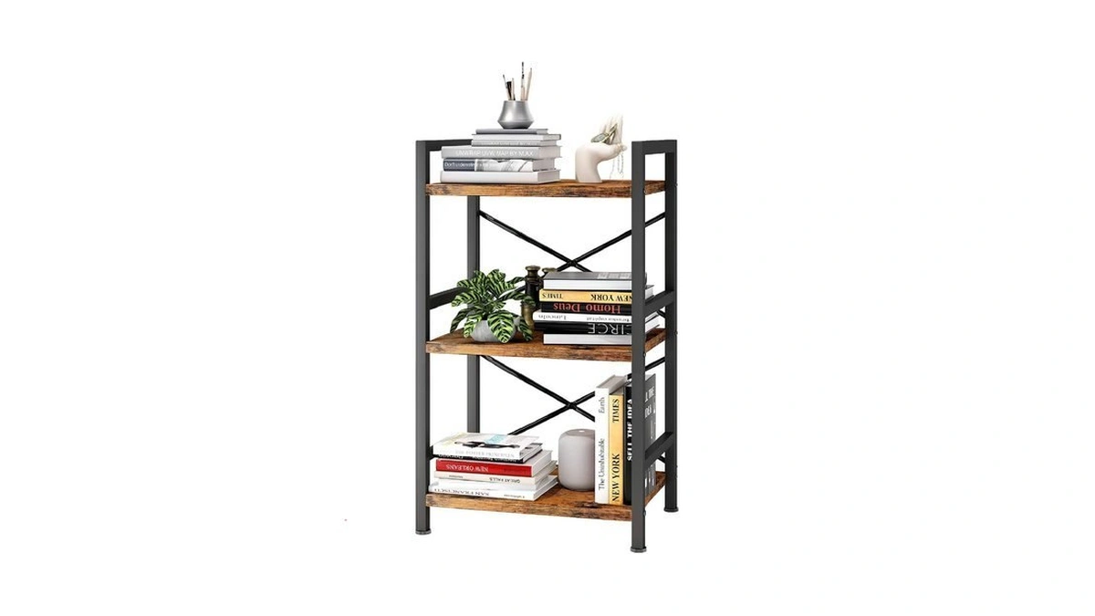 Homeiju Bookshelf, 3 Tier Industrial Bookcase, Metal Small Bookcase, Rustic