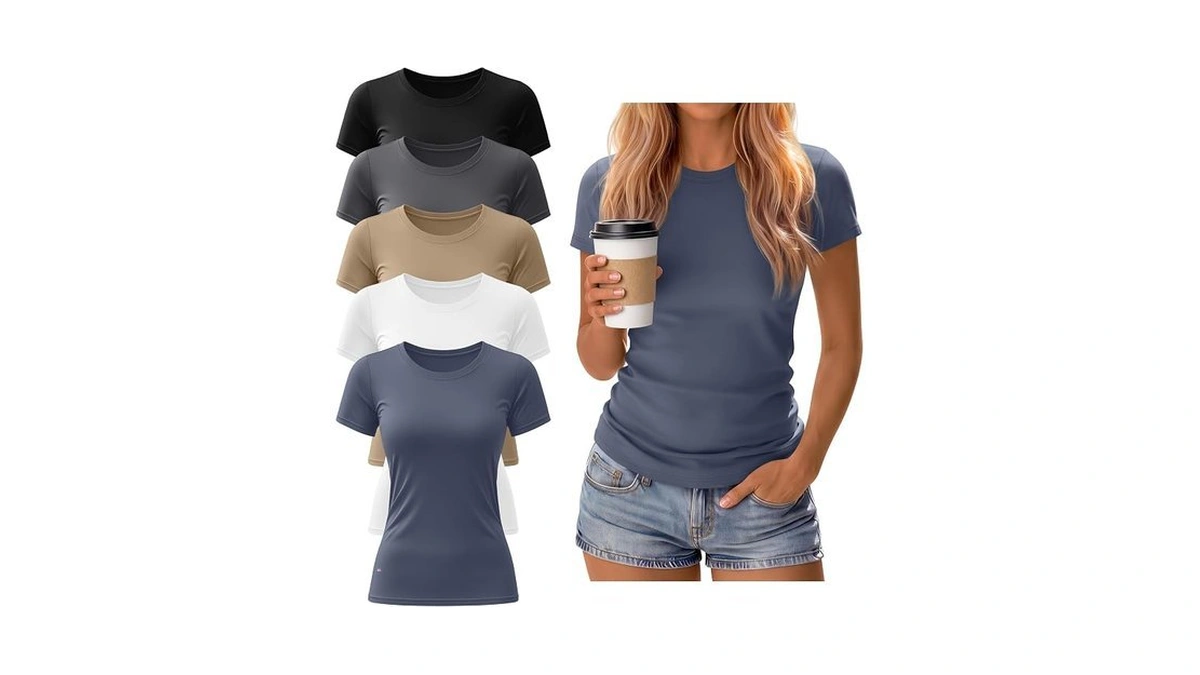 Locoowai 5 Pack Women's Short Sleeve T-shirt Crew Neck Slim