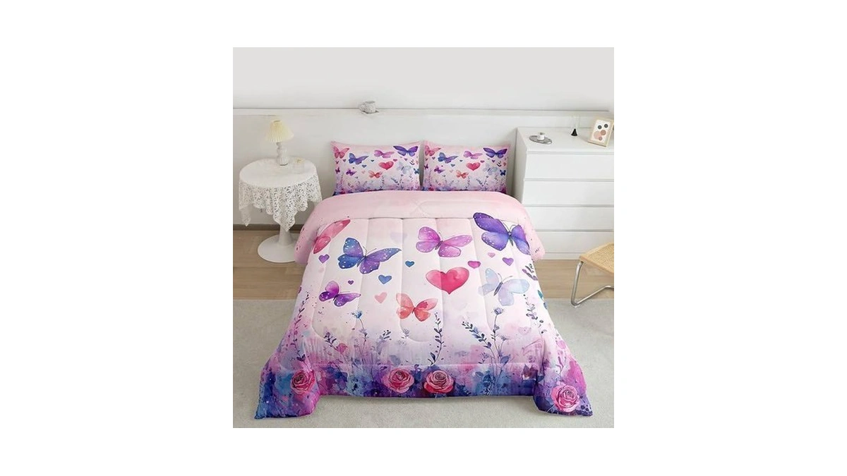 Feelyou Butterfly Kids Comforter Set Twin Size Butterflies Print Bedding