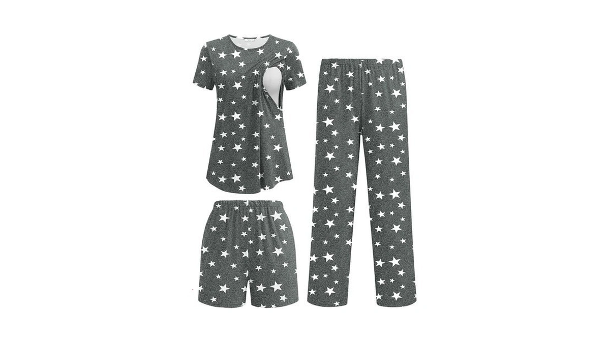 Ekouaer 3 Piece Maternity Pajamas Set Postpartum Nursing Short Sleeve