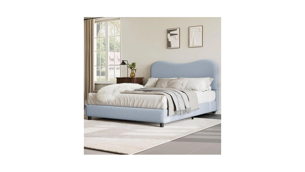 Garveehome Boucle Queen Bed Frame With Upholstered Headboard, Soft Low