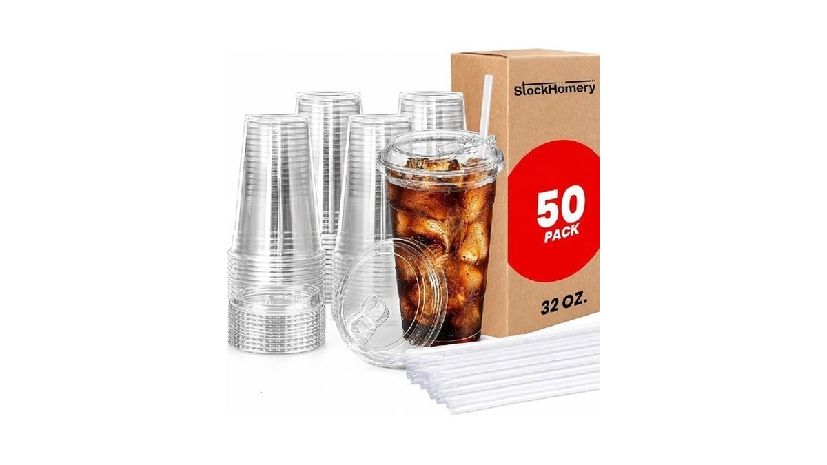 Stockhomery 32 Oz Clear Plastic Cups With Lids & Straws