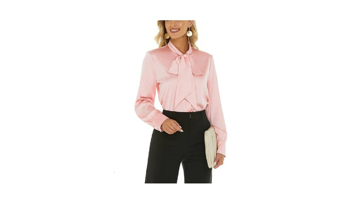 Women's Satin Blouse Bow Tie Neck Long Sleeve Button Down