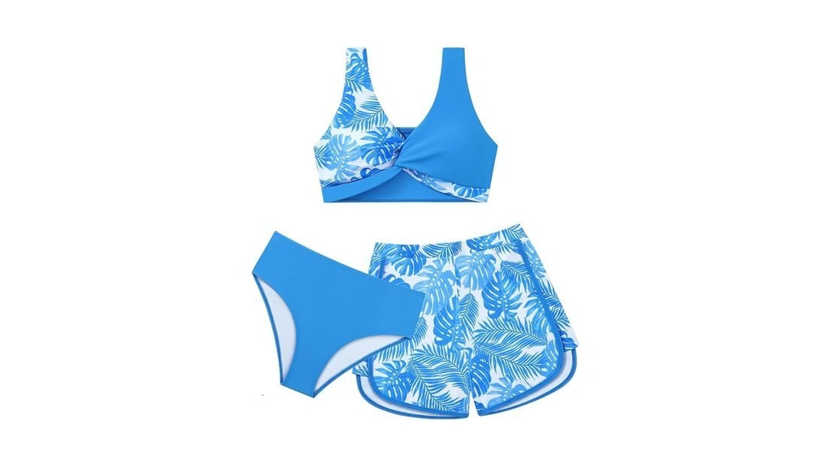 Weixinbuy Girl's 3 Piece Swimsuit Teen Swimwear Tropical Print Twist