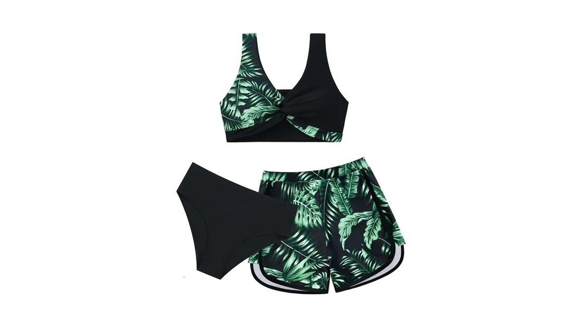 Weixinbuy Girls Swimsuit 3 Piece Teens Bathing Suit Tropical Print