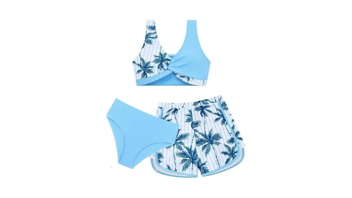 Weixinbuy Girl's 3 Piece Swimsuit Teen Swimwear Tropical Print Twist
