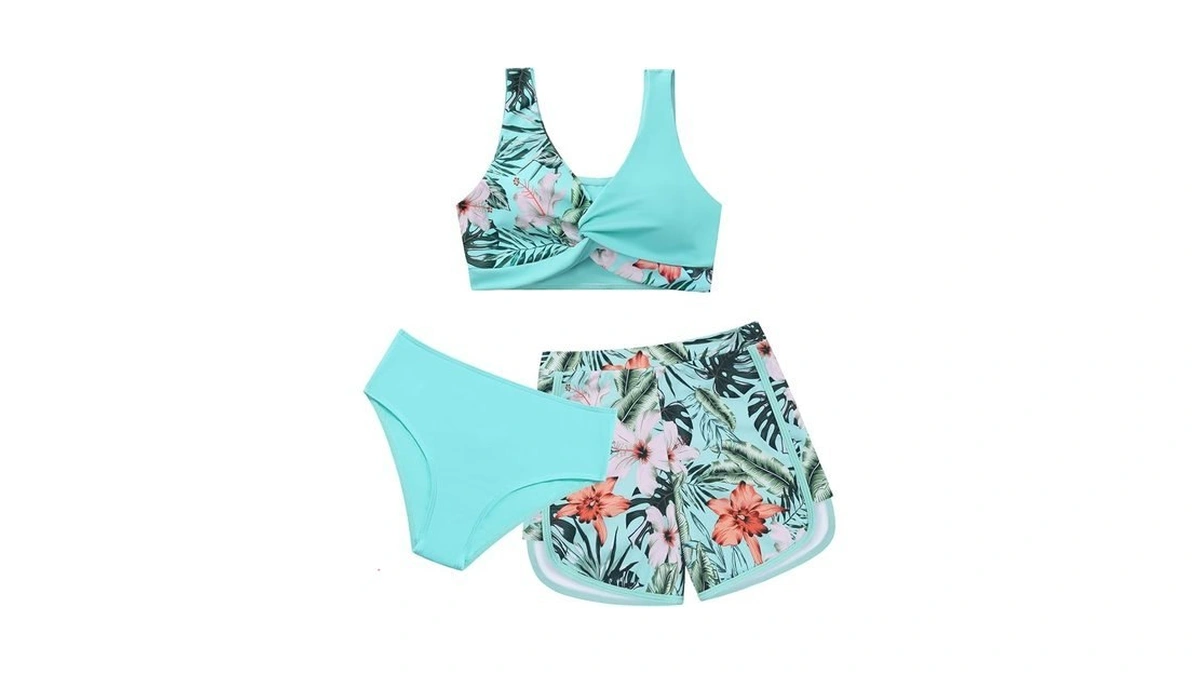 Weixinbuy Girl's 3 Piece Swimsuit Teen Swimwear Tropical Print Twist