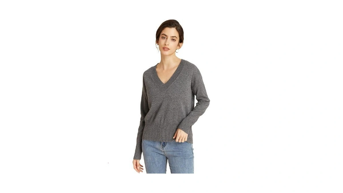 Eurkea Women's 100% Cashmere Deep V Neck Sweater, Long Sleeve