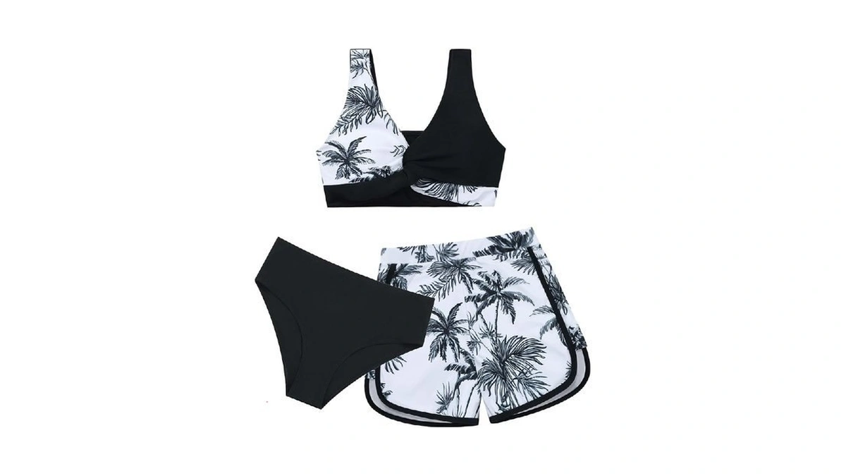 Weixinbuy Girl's 3 Piece Swimsuit Teen Swimwear Tropical Print Twist
