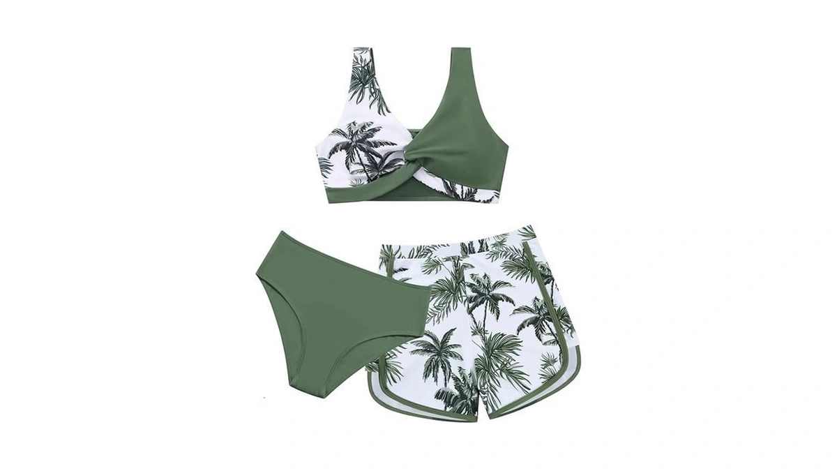 Weixinbuy Girl's 3 Piece Swimsuit Teen Swimwear Tropical Print Twist
