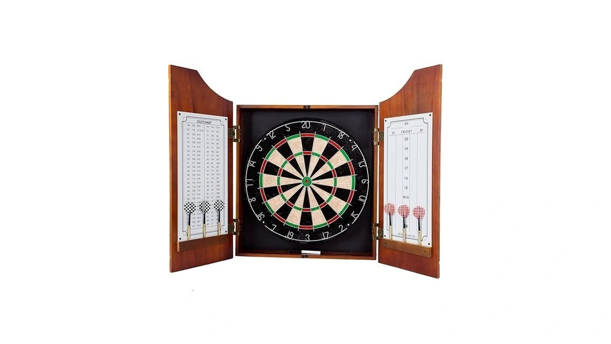 Dart Board Cabinet Set - Beveled Pine Wood Cabinet With
