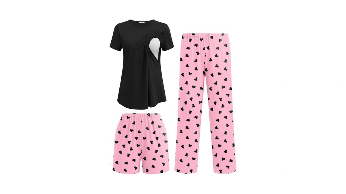 Ekouaer 3 Piece Maternity Pajamas Set Postpartum Nursing Short Sleeve
