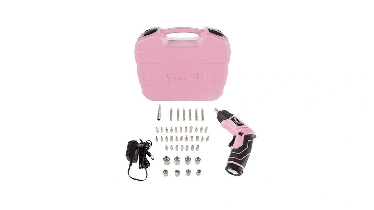 Pivoting Electric Screwdriver - 45-piece Pink Tool Set - Cordless