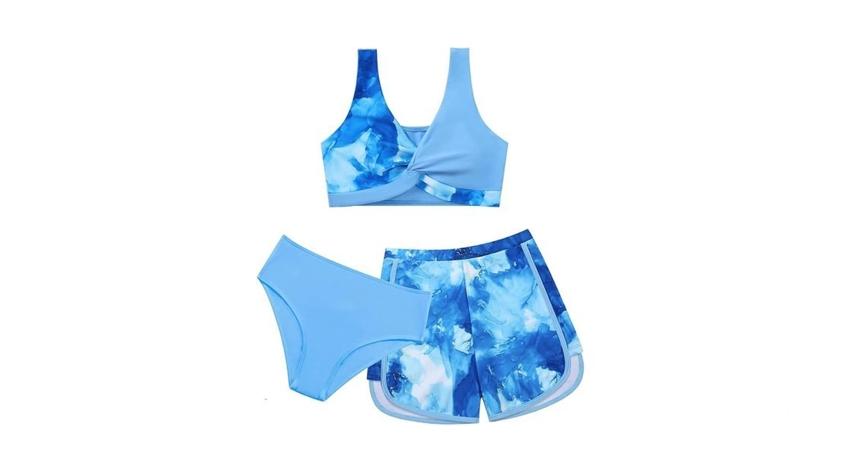 Weixinbuy Girl's 3 Piece Swimsuit Teen Swimwear Tropical Print Twist