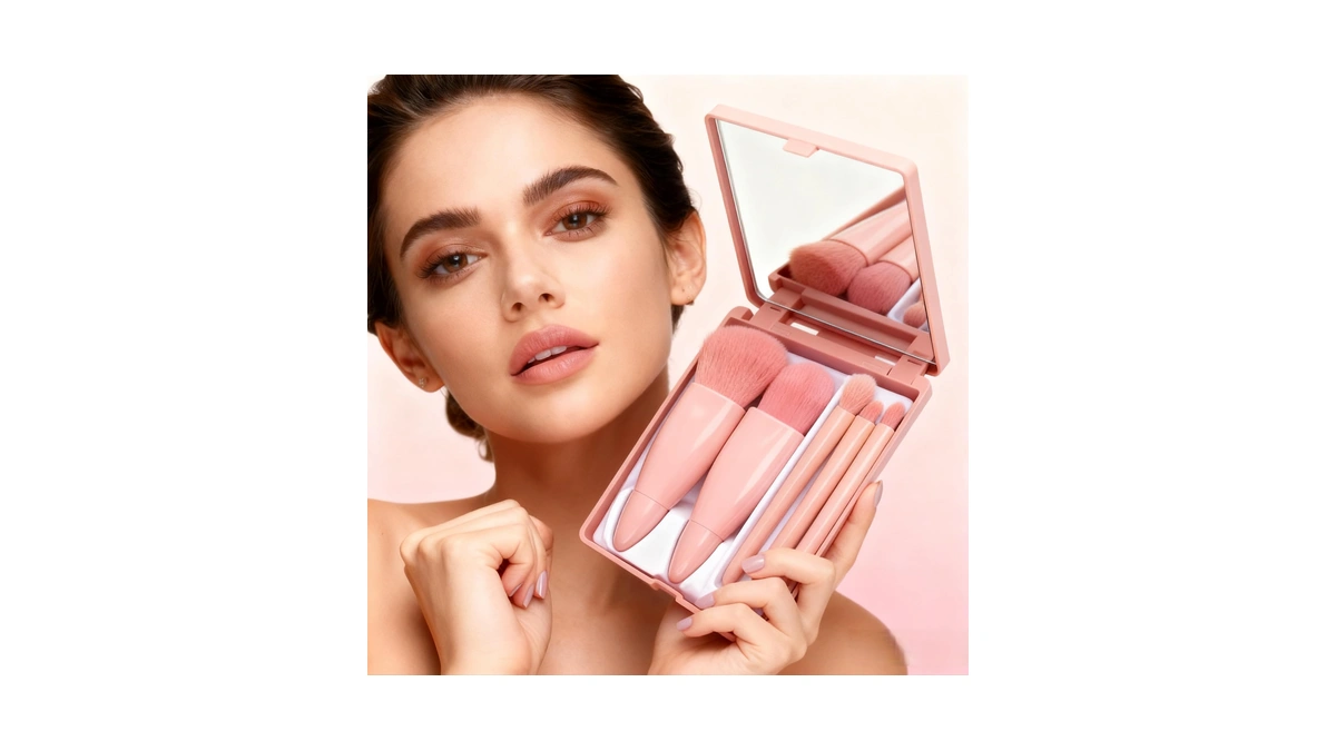5pc Makeup Brush Set With Mirror & Storage Box –
