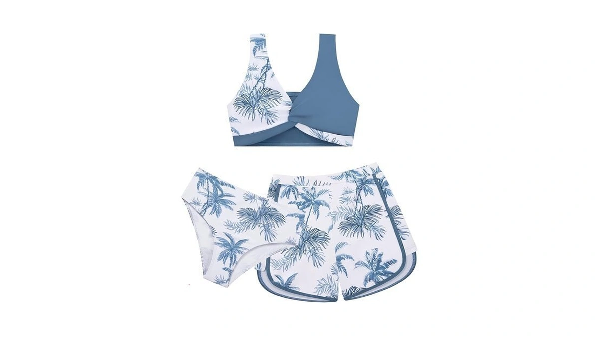 Weixinbuy Girl's 3 Piece Swimsuit Teen Swimwear Tropical Print Twist